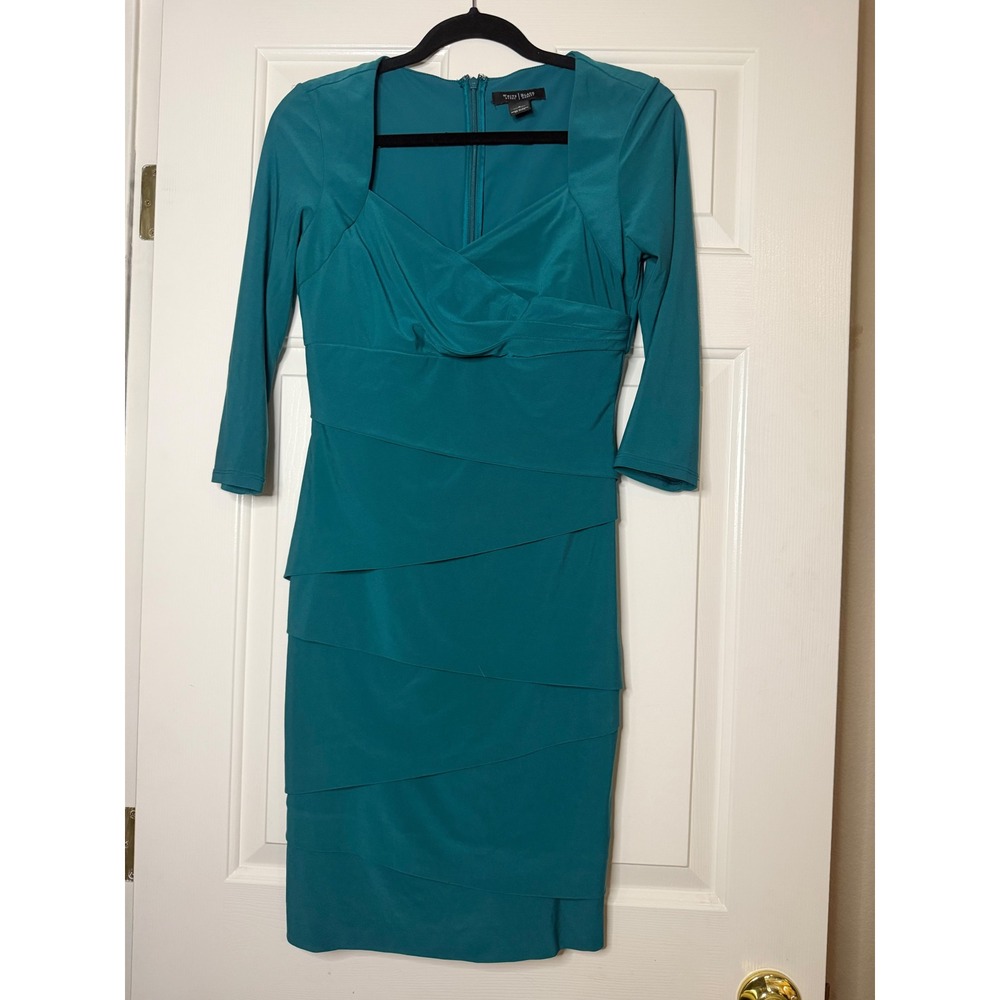 White House Black Market Teal Tiered Sheath Dress Sweetheart Neck 3/4 Sleeve 6
